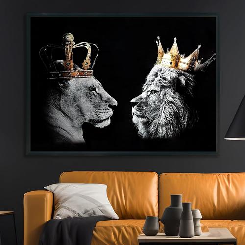 50x70 cm - Lion avec Couronne Blanc et Noir Animal Tableau sur Toile Tableaux Modernes Impressions Salon Chambre Affiche Mur Image Décoration Frameless (50 x 70, Lion)