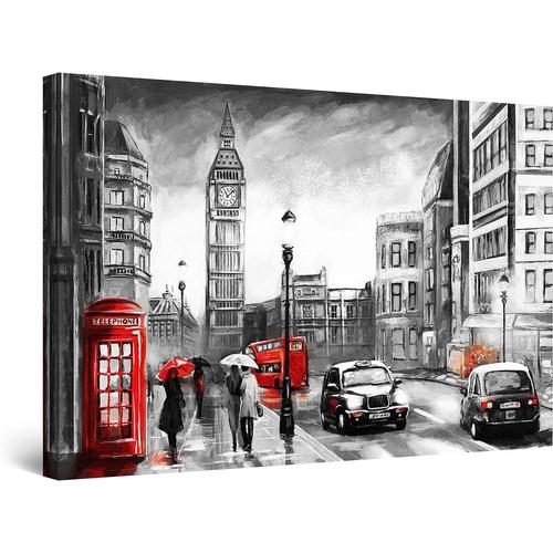 60x90 cm - Impression sur Toile Big Ben Londres Noir Blanc Rouge - Tableau Abstrait - Decoration Murale Salon Moderne - Image sur Toile - 60 x 90 cm
