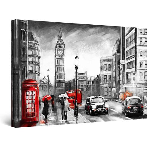 80x120 cm - Impression sur Toile Big Ben Londres Noir Blanc Rouge - Tableau Abstrait - Decoration Murale Salon Moderne - Image sur Toile - 80 x 120 cm