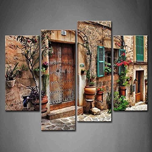 12x26 inchx2,12x35 inchx2 - 4 Panneau Des rues De Vieux méditerranéen Les villes Fleur Porte les fenêtres Peinture murale d'art L'image imprimée sur toile Architecture Photos d'?uvres d'art pour le bureau à domicile Décoration moderne