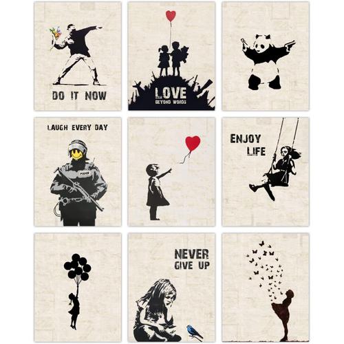 8x10 inches - Lot de 9 impressions murales sans cadre Panda sur toile Graffiti Street Art mural Citations inspirantes Street Pop Art Poster mural 20,3 x 25,4 cm pour chambre à coucher