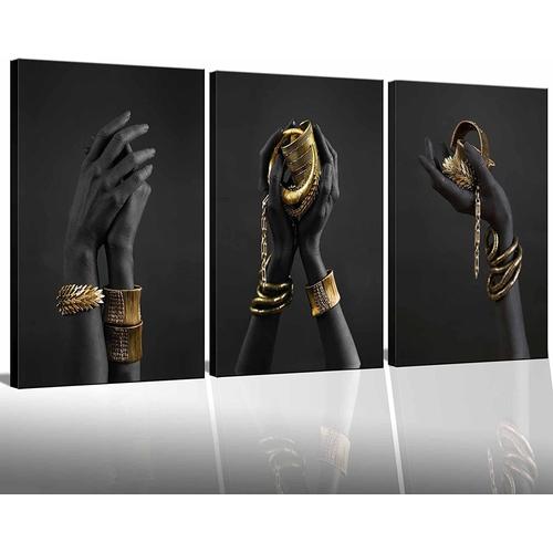 12x16 inch - Toile Africaine Encadrée Art Mural Noir Femme Portrait Or Bijoux Collier Bracelet Photos Oeuvre Peinture Affiche Impressions Moderne Art Décor Peinture pour Salon Chambre Décor À La Maison