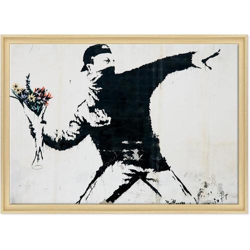 70x100 cm - Tableau sur toile encadrée, avec cadre, motif art street art - Lanceur de fleurs - 70 x 100 cm - Style contemporain bois naturel