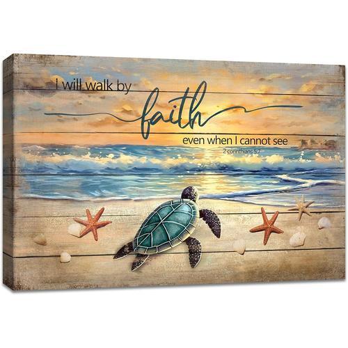 30x40 cm - Cadre en bois Impression sur toile La tortue de mer marche par la foi Citations Tableau Murale Image sur Toile océan bleu plage tableau decoration murale chambre coucher Salle de bains 30x40 cm