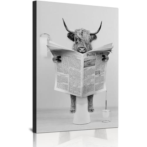 1pcs-60x90 cm - Mignon journal animal art mural noir et blanc toile imprimée cabine salle de bain décoration baignoire image murale sans cadre (bétail des montagnes, 1 pièce-60 x 90 cm)