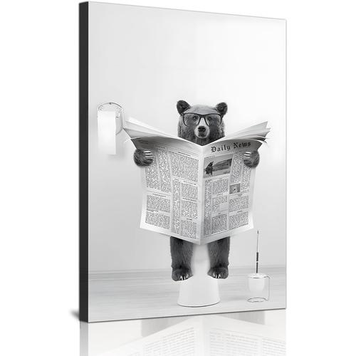 1pcs-40x60 cm - Mignon journal Animal Mur Art Noir et Blanc Toile imprimée Cabine Salle de bain Décoration Baignoire Mur Photo, Sans Cadre (ours-2,1 pcs-40 x 60 cm)