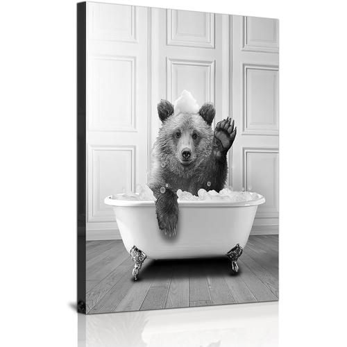 1pcs-40x60 cm - Mignon journal Animal Mur Art Noir et Blanc Toile imprimée Cabine Salle de bain Décoration Baignoire Mur Photo, Sans Cadre (ours, 1 pièce-40 x 60 cm)