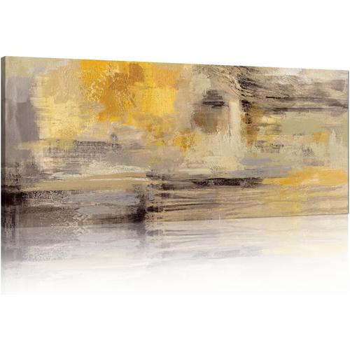 50x120 cm - Cadre en Bois Impression sur Toile Moderne Abstrait Jaune Moutarde Peintures sur Toile Art Mural Grande Tableau Decoration Murale Salon Chambre prêt à accrocher 50x120 cm