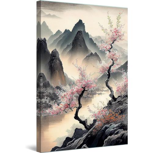 60x90 cm - Impression sur Toile Arbres Montagne Rose Japon, Tableau Paysage - Decoration Murale Salon Moderne - Image sur Toile - 60 x 90 cm