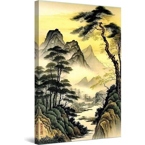 60x90 cm - Impression Sur Toile Arbres Montagne Jaune Japon, Tableau Paysage - Decoration Murale Salon Moderne - Image sur Toile - 60 x 90 cm