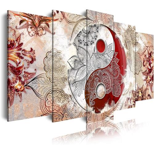 5 pieces (200x100x3 cm) - Impression Sur Toile Moderne D'Images Artistiques | Toile Décorative Pour Votre Salon Ou Votre Chambre | Style Abstrait Ying Yang Zen Couleurs Beige et Rouge | 5 Pièces 150 x 80 cm