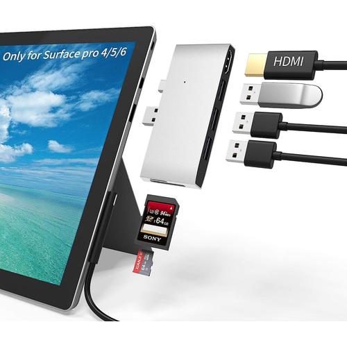 Station d'accueil pour Surface Pro 4/Pro 5/Pro 6 Hub USB 3.0 x 3, lecteur de carte mémoire SD et TF/Micro SD, convertisseur de port HDMI 4K Accessoires pour Microsoft Surface Pro 6/5/4