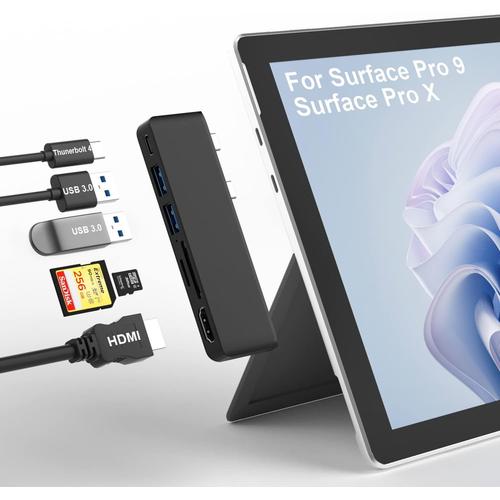 Station d'accueil Surface Pro X Hub, Accessoires Microsoft Surface Pro X 6 en 2 avec HDMI 4K + Port USB C Audio et Transfert de données + 2 USB 3.0 + Lecteur de Carte SD/TF