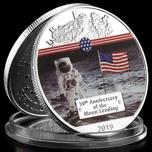 1er Homme Sur La Lune Apollo 11 (Réf 1) - Pièce Médaille Commémorative Plaquée Argent