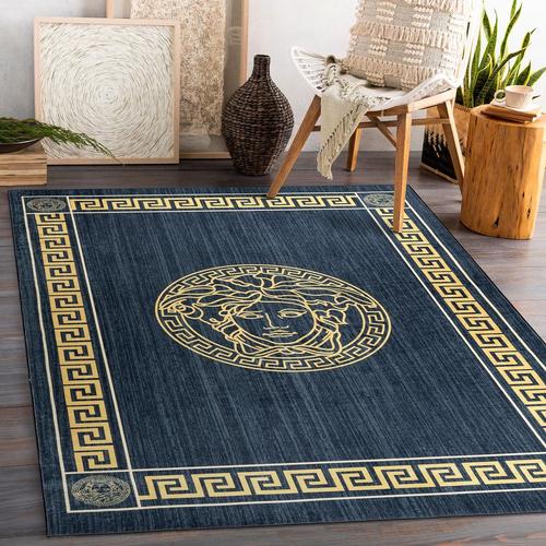 Tapis Moderne Lavable Andre Pour La Chambre Des Enfants, Le Salon, L'entrée, Moquette Lavable En Machine, Cadre, Méduse Grecque, Antidérapant - Bleu/Or 120x170 Cm