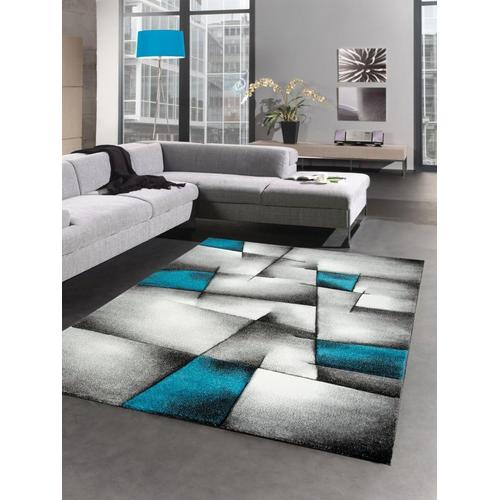 Modern Tapis Poil Ras Tapis De Salon Résumé Karo Noir Gris Blanc Turquoise Taille 80x150 Cm