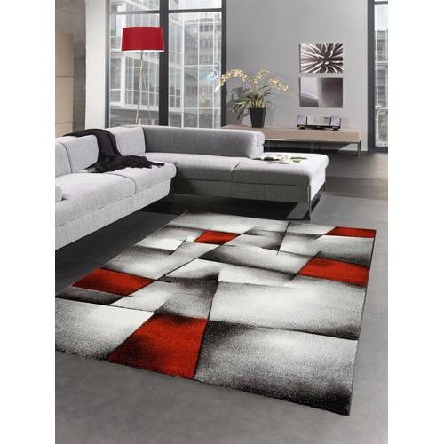 Modern Tapis Poil Ras Tapis De Salon Résumé Karo Noir Gris Blanc Rouge Taille 120x170 Cm