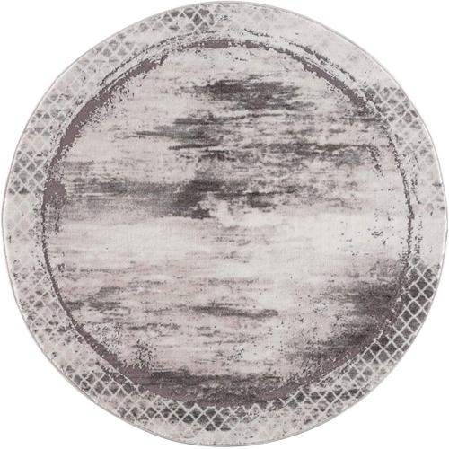 Tapis Gris Chiné Pour Salon - 120 Cm Rond - Bordure Motif Losanges - Tapis Moderne À Poils Courts