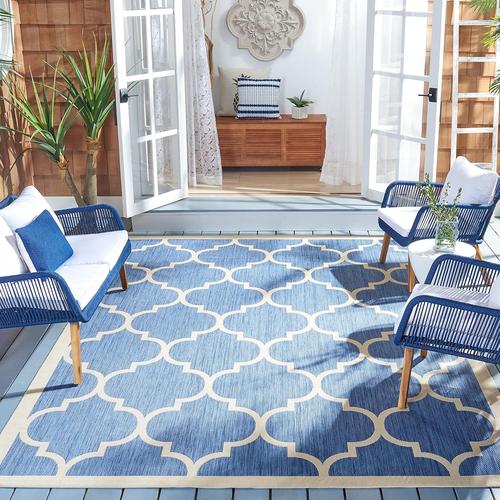 Tapis Rectangulaire D'intérieur/Extérieur Treillis Tissé, En Bleu / Beige, 122 X 170 Cm Pour Le Jardin, Le Patio Ou Tout Autre Espace Extérieur Par