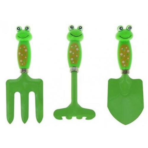 Set Outils De Jardinage Enfant 3 Pieces Grenouille : Pelle, Rateau, Fourche - Metal - Jardin Bac A Sable