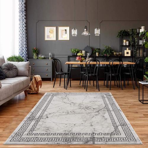 Tapis De Salon - Bordure - Aspect Pierre - 120 X 170 Cm - Gris - Tapis Moderne À Poils Courts