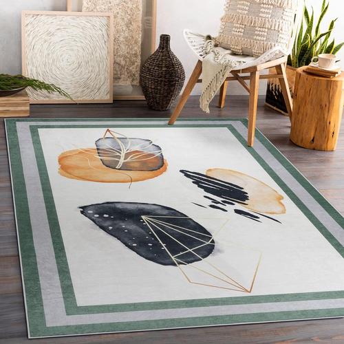 Tapis Moderne Lavable Andre Pour La Chambre Des Enfants, Le Salon, L'entrée, Moquette Lavable En Machine, Abstraction, Cadre, Antidérapant - Blanc/Vert 160x220 Cm