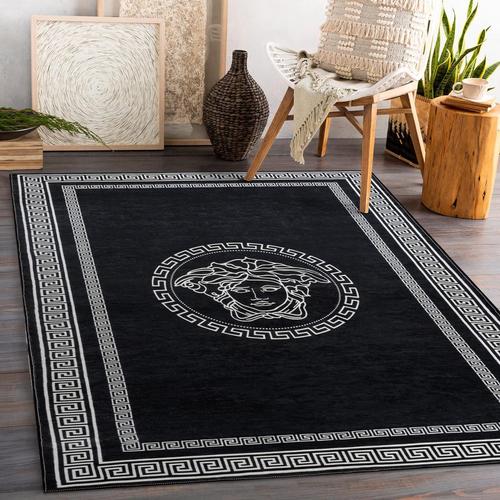 Tapis Moderne Lavable Andre Pour La Chambre Des Enfants, Le Salon, L'entrée, Moquette Lavable En Machine, Cadre, Méduse Grecque, Antidérapant - Noir/Blanc 120x170 Cm