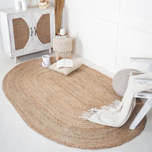 Tapis Ovale En Jute - Tapis De Décoration De Sol Tissé Réversible En Fibre Naturelle Tressée À La Main - 181x121 Cm