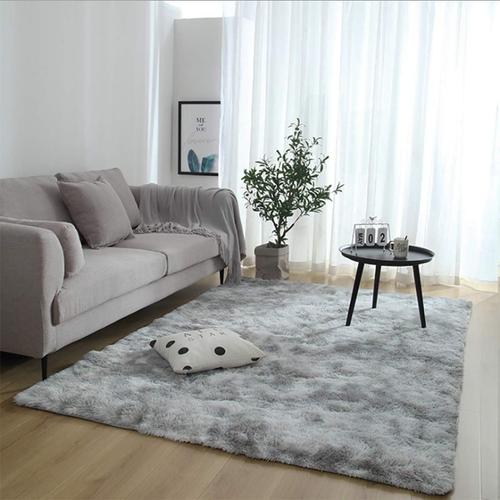 Tapis Salon Chambre Doux Tapis Fourrure Decoration Salon Antidérapant Moelleux Tapis De Salon Moderne Shaggy Tapis De Sol Grand (Blanc Gris, 185 X 185cm)