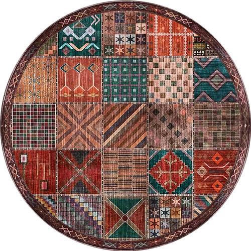 Tapis De Salon Circulaire, Round 160 Cm, Vintage Motif Patchwork Rouge Marron Orange Jaune Vert Bleu Traditionnel Multicolore Contemporain Tapis Moderne Chambre