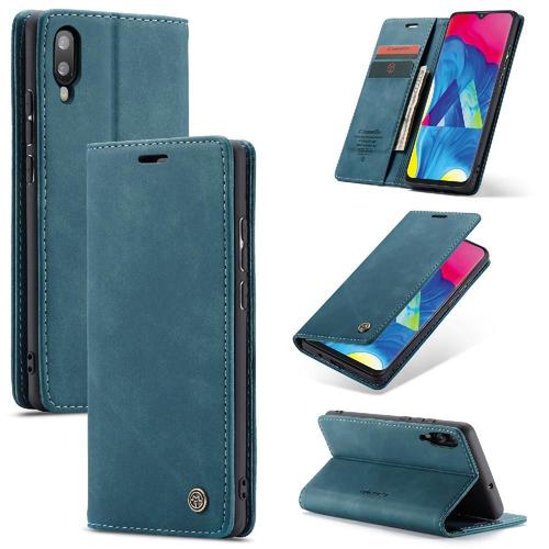 Flip Étui Pour Samsung Galaxy M10 Fermeture Magnétique Antichoc Livre Flip Folio Portefeuille En Cuir Pu Vintage Étui Avec Fente Pour Carte, - Bleu