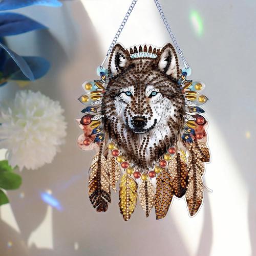 Diamond Painting Décoration Suspendue Attrape Rêve en Loup Simple Face Pendentif Peinture au Diamant Ornement à Suspendre avec Strass Artisanat Mosaïque Décoration Cadeau