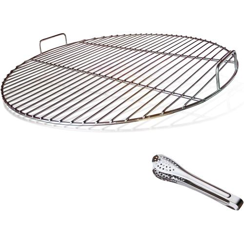 -304 Grille de Barbecue Ronde en Acier Inoxydable avec poignée, diamètre 54,5 cm pour Barbecue au Charbon de Bois de 57 cm e.g Weber, avec Pince à Barbecue