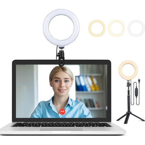 Lumière Vidéoconférence LED, 6"" Ring Light pour Ordinateur Portable avec Trépied, 3 température de couleur&Chargement USB pour Conférence Vidéo, Photographie, Selfie, Télétravai, Appels avec Zoom