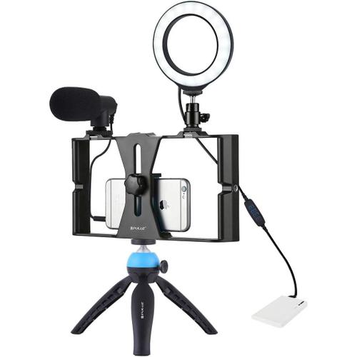 4 en 1 Vlogging Live Broadcast Smartphone Video Rig + 4.6" Ring LED Light Kits avec Microphone + Trépied Mount + Tête de Trépied pour Smartphone (Bleu)