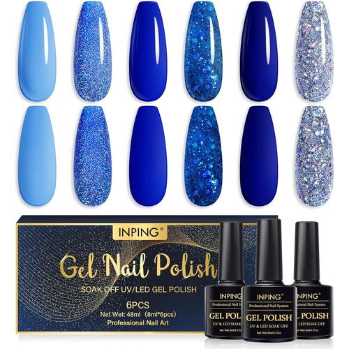 Vernis Semi Permanent,6 Couleurs Bleu Clair Bleu Océan Bleu Foncé Pailleté Vernis Gel Uv Semi Permanent,Soak Off Uv/Led Vernis À Ongles Pour Débutant Nail Art Diy,8ml