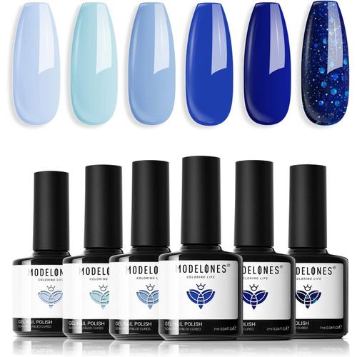 Vernis Semi Permanent, Bleu Pailleté 6 Couleurs Vernis Gel UV Semi Permanent Kit Soak Off Vernis à Ongles Complet pour Gel Ongle Manucure Nail Art