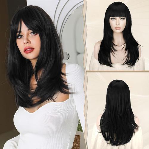 Perruque Longue Dégradé Avec Franges Pour Femmes 60cm Noir Lisses Et Ondulés Cheveux Synthétiques Résistantes À La Chaleur Racines Foncées Vague Perruques Naturelle Droitepour Halloween/Noël 