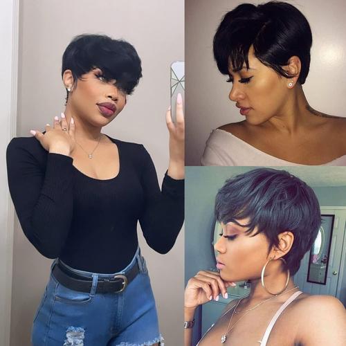 Perruque Courte Short Pixie Human Hair Wig With Bangs Perruque De Cheveux Humains Lisse Brésilienne Cheveux Avec Frange Naturelle Perruques Pour Femmes (Noir) 