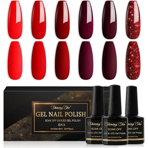 Vernis Semi Permanent, 6 Couleurs Rouge Bourgogne Rouge Foncé Paillettes Gel Uv Semi Permanent Soak Off Uv/Led Vernis À Ongles Pour Salon De Manucure Diy Home, 8ml 