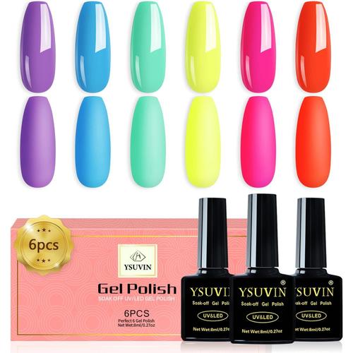 Vernis Semi Permanent Néon, 6 Couleurs Pastel D'été Néon Vernis À Ongles Gels Cyan Bleu Lilas Orange Rose Citron Soak Off Uv Nail Art Salon Manucure Kit Cadeau Pour Vacances, Longue Durée 