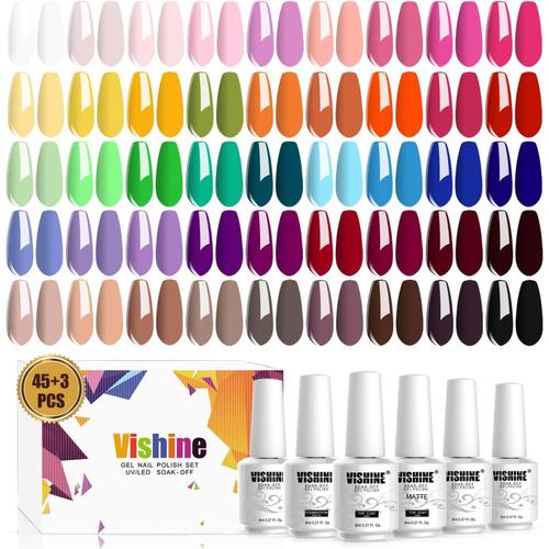 Vernis Gel Semi Permanent Lot De 48 Flacons - 45 Couleurs Populaire Rose Rouge Jaune Avec Base Top Coat & Matte Top Coat Uv Led Soak Off Vernis À Ongle Soak Off Nail Art 48pcs 8ml 