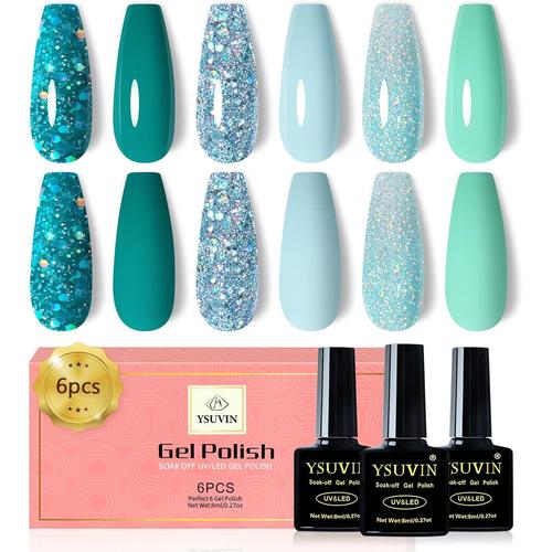 Vernis Semi Permanent Vert, 6 Couleurs Vert émeraude Turquoise Cyan Bleu Vert Océan Crystal Pailleté Vernis à Ongles Soak Off UV/LED Vernis Gel Nail Art Salon DIY à La Maison, Noël Cadeaux