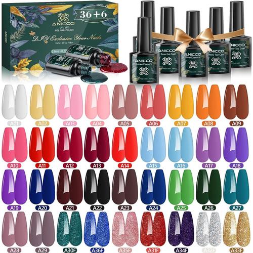 Lot Vernis à Ongles Semi-permanents Gel UV LED Automne Hiver Soak Off 36 Couleurs, Base et Top Coat, 2 Diamond Top Coat, Nail Polis