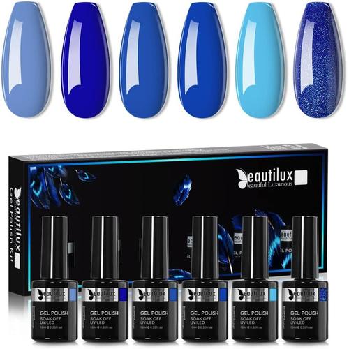 Vernis Semi Permanent Bleu, 6 Couleurs 10ml Bleu Foncé Vernis Semi-Permanent, Vernis À Ongles Gel Uv Gel Soak Off Manucure Nail Art Kit (Série Bleu Foncé)