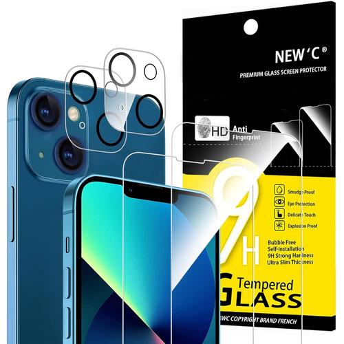 Lot De 4, 2 X Verre Trempé Pour Iphone 13 (6,1), Et 2 X Protection Caméra Arrière - Sans Bulles D'air -Ultra Résistant - Dureté 9h Glass