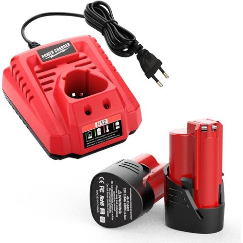 Lot de 2 batteries de rechange 12 V 3,5 Ah pour Milwaukee M12 M12B 48-11-2411 48-11-2420 48-11-2401 48-11-2402 avec chargeurs de rechange pour chargeur Milwaukee N12 48-59-2401