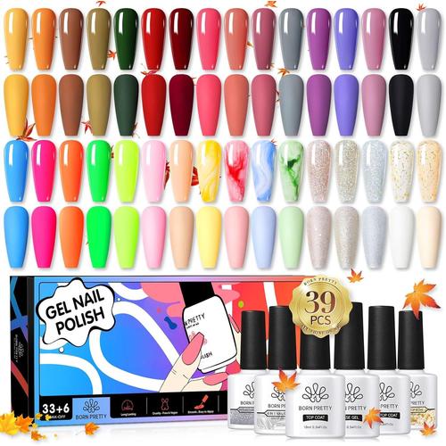 Vernis À Ongles Semi Permanent 39pcs, Lot Manucure Uv Led Gel Avec Base Et Top Coat/Matt/Diamant Top Coat Populaires Marron Caramel Paillette Automne Orange Le Cadeau Parfait Nail Art 