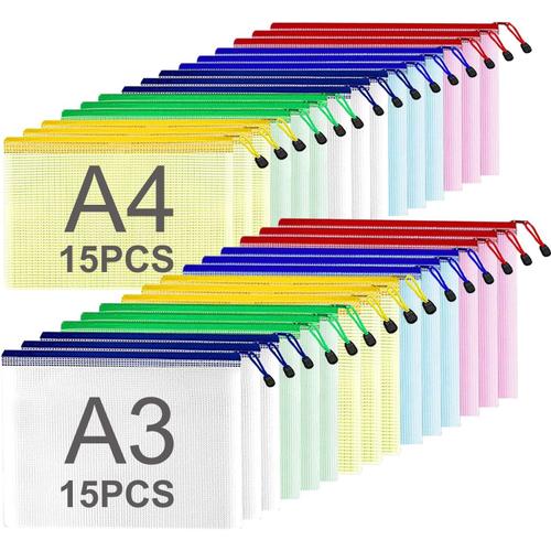 30pcs Pochette Zippée A3+A4, 5 Couleurs Pochette Plastique Zippée, A3 Pochette Zip Pvc Mesh De Rangement Fichiers A4 Pour Stockage Document Recettes D'entreprises Organisation