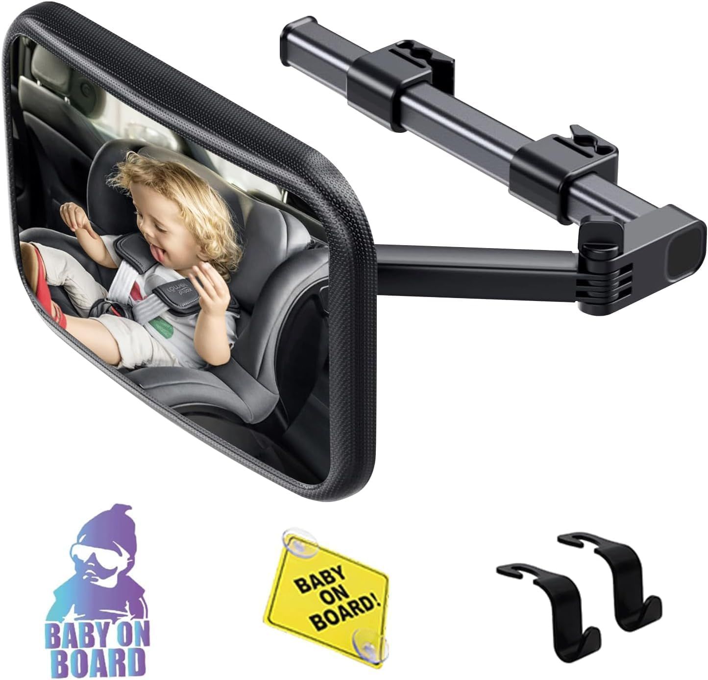 Miroir Voiture Bébé Retroviseur 360° Retroviseur Voiture Bebe Avec Bras Extensibles Miroir Bebe Voiture Miroir Siege Auto Bebe + 2 Autocollants Baby On Board & 2 Crochets Appui-Tête Voiture